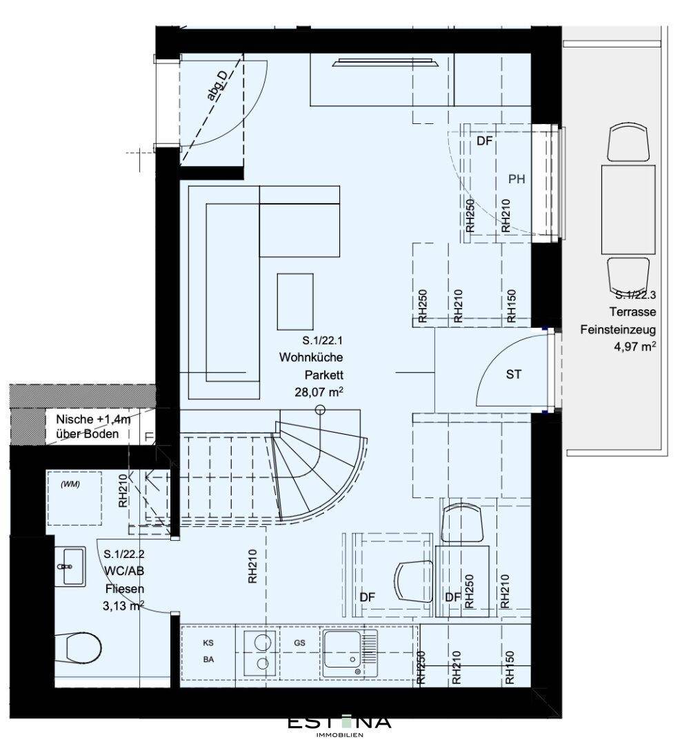 Grundriss des unteren Dachgeschosses mit Wohnküche, WC und Terrasse.