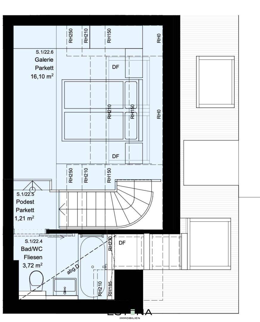 Grundriss des oberen Dachgeschosses mit Galerie, Bad und Schlafbereich.