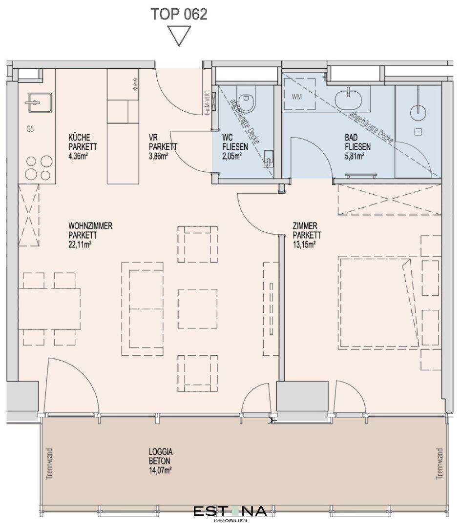 Nahaufnahme des Grundrisses einer Wohnung mit Wohnzimmer, Schlafzimmer und Loggia.