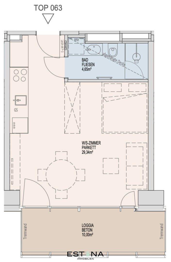 Detaillierter Grundriss einer kleinen Wohnung mit integrierter Küche, Wohnbereich und Bad.