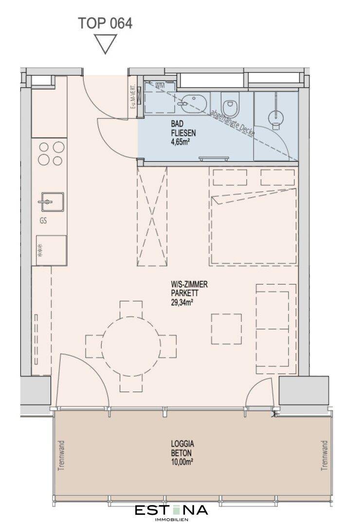 Nahaufnahme des Grundrisses einer Wohnung mit Wohn-/Schlafzimmer, Bad und Loggia.