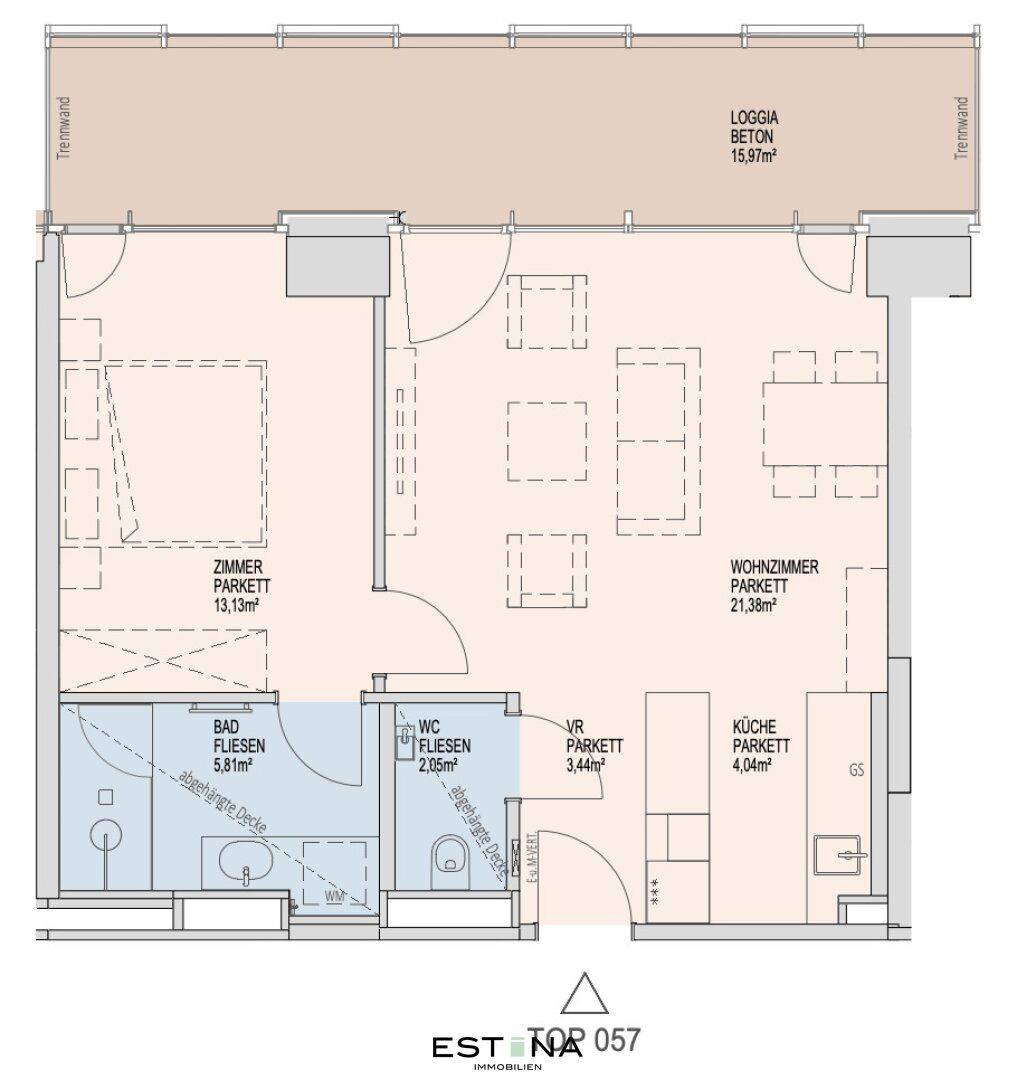 Detaillierter Grundriss einer Wohnung mit Wohnzimmer, Schlafzimmer, Küche und Loggia.