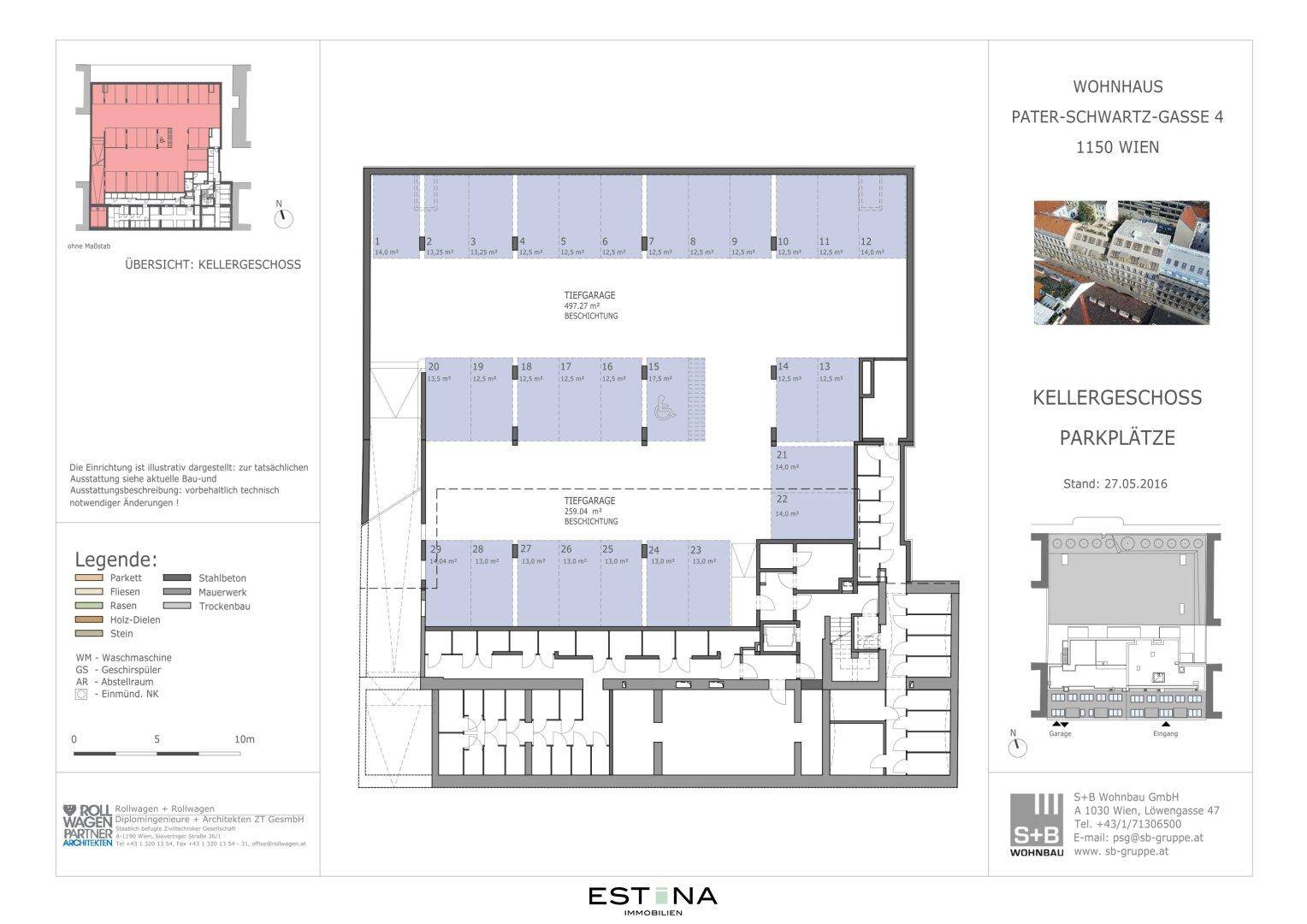 Grundriss des Kellergeschosses mit Tiefgaragenstellplätzen und verschiedenen Abstellräumen für das Wohnhaus.
