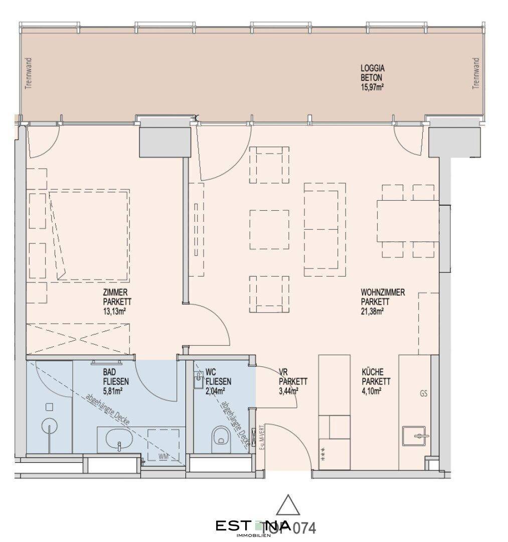 Detaillierter Grundriss einer Wohnung mit Loggia, Schlafzimmer, Bad, WC, Wohnzimmer und Küche.