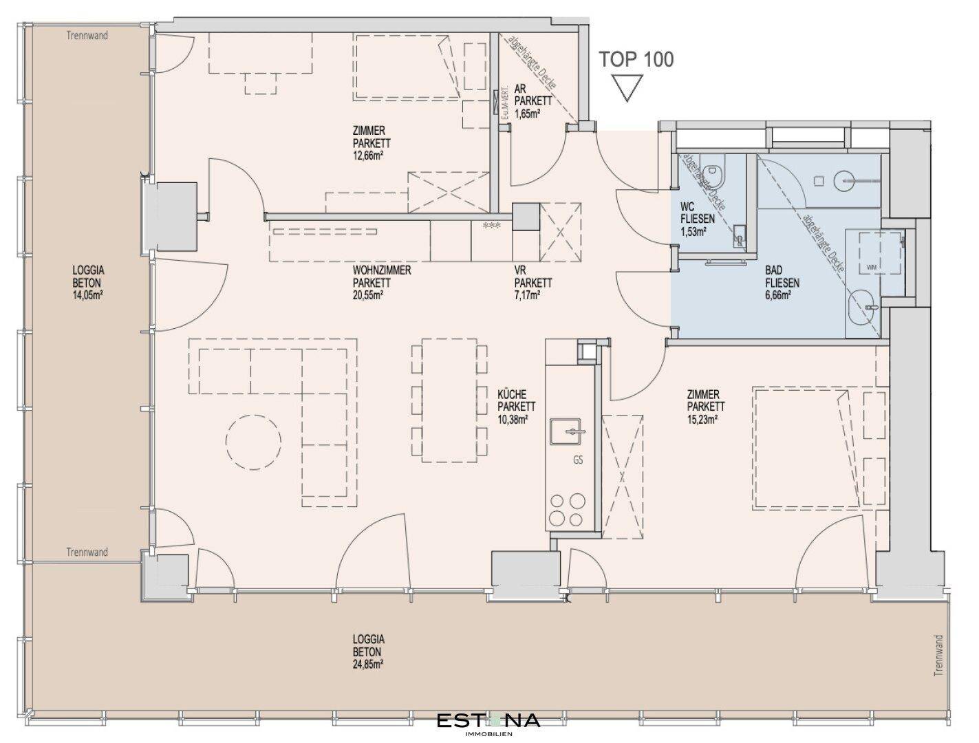 Übersichtlicher Grundriss einer Wohnung mit zwei Loggien, drei Zimmern und separatem WC.