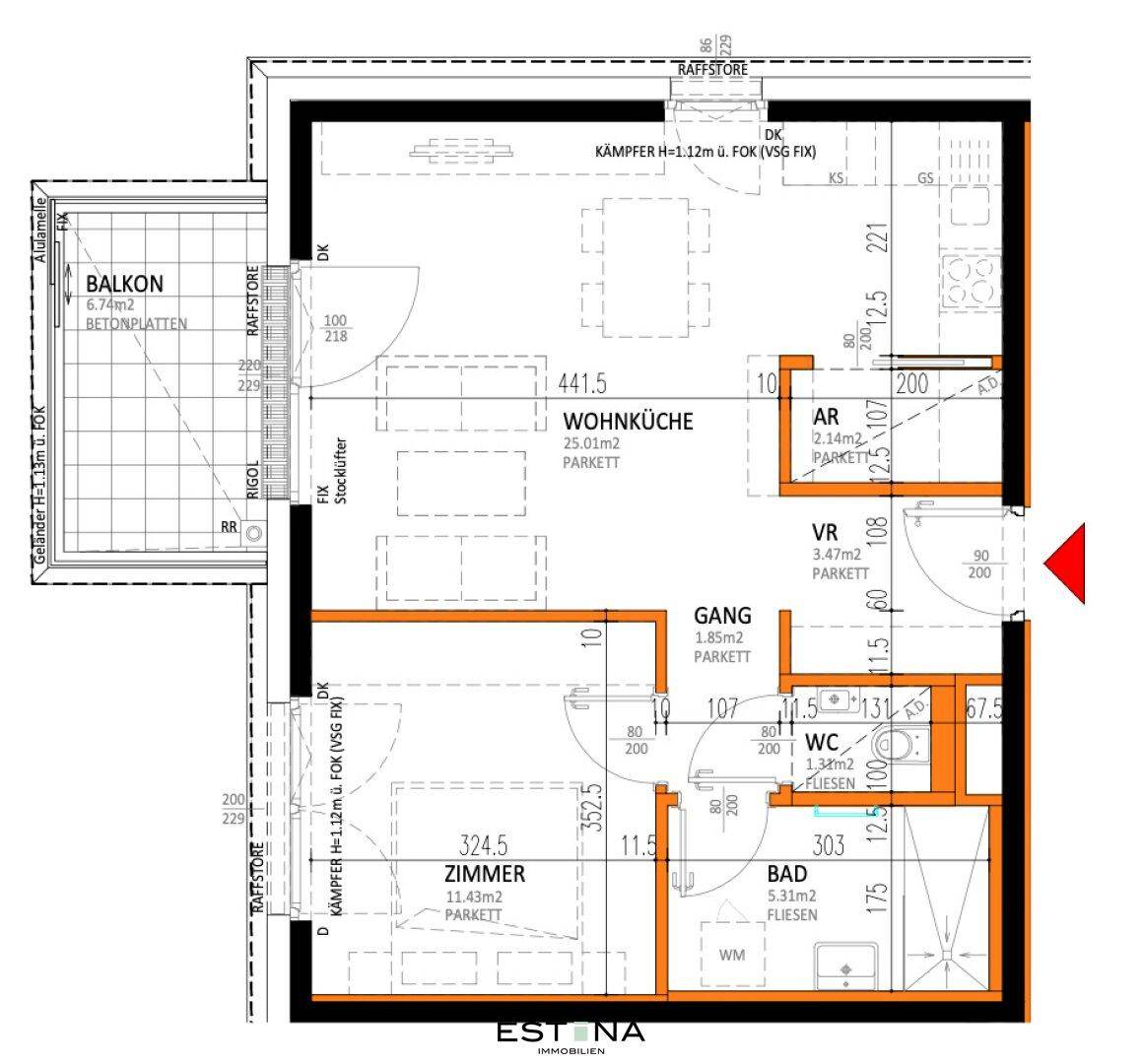 Detaillierter Grundriss einer Wohnung mit Wohnküche, Schlafzimmer und Balkon.