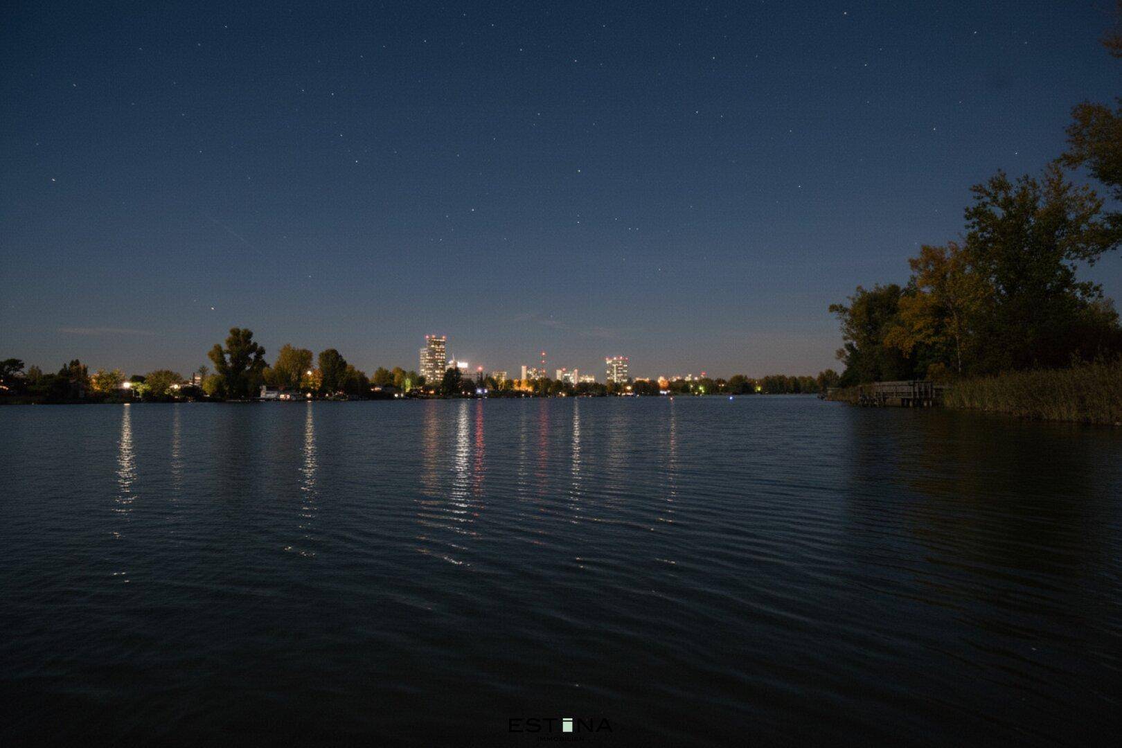 Nächtlicher Blick auf einen See mit funkelnder Stadtkulisse am Horizont.