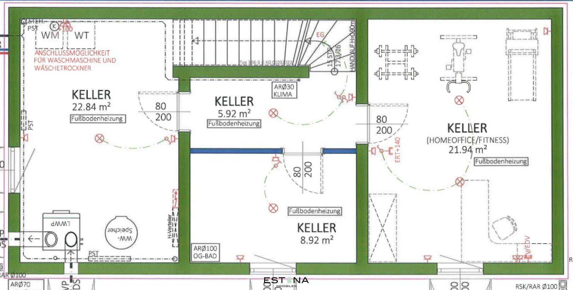 Grundriss des Kellers mit mehreren Räumen, darunter Homeoffice/Fitnessbereich und Technik.