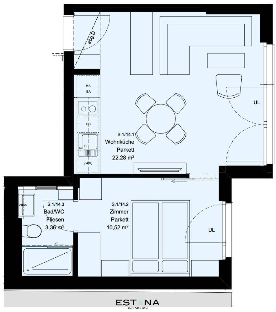 Detaillierter Grundriss der Wohnung mit offener Wohnküche, Schlafzimmer und Badezimmer.