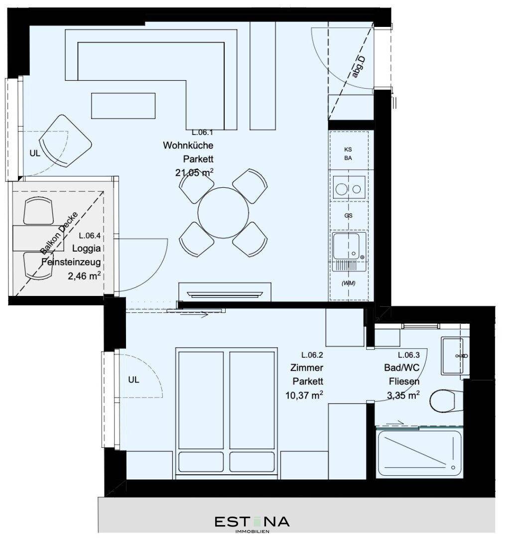 Detaillierter Grundriss der Wohnung L.06 mit Raumaufteilung und Flächenangaben.