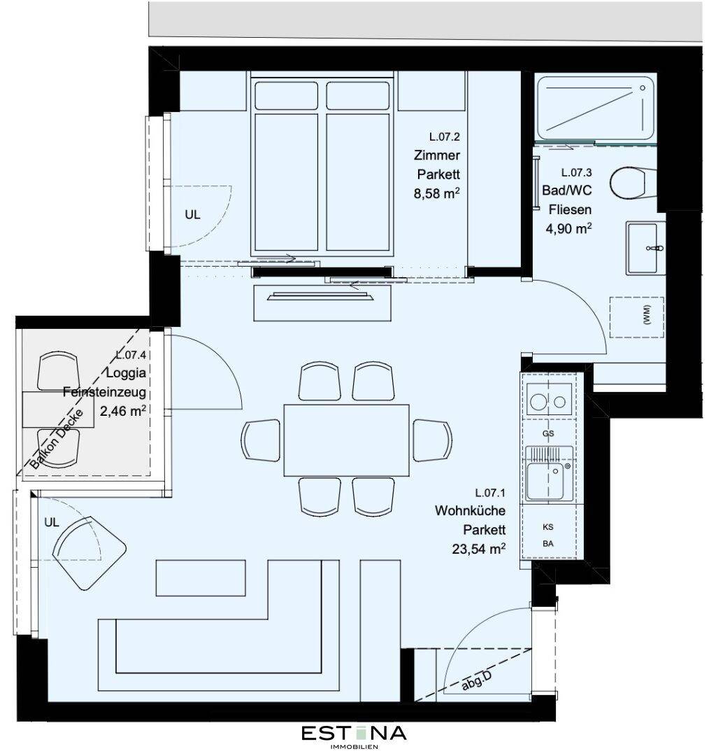 Detaillierter Grundriss der Wohnung L.07 mit Wohnküche, Schlafzimmer und Loggia.