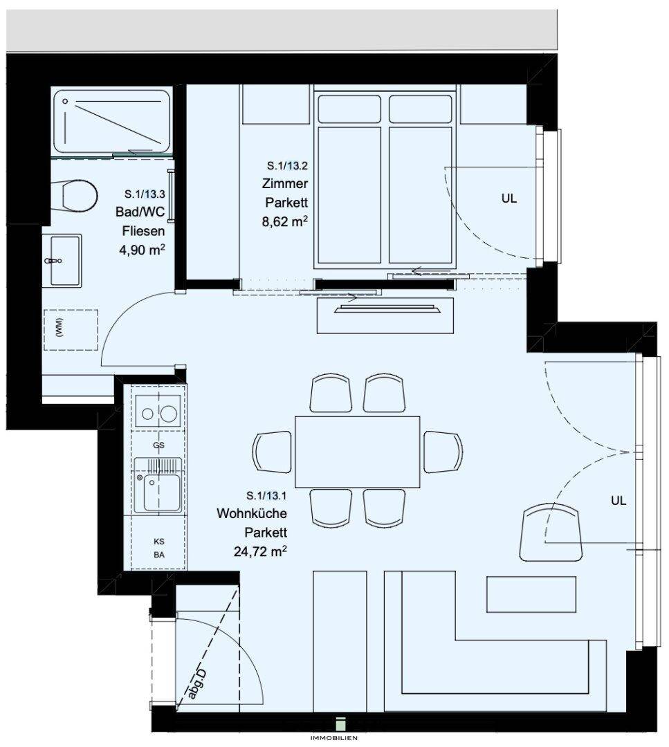 Detaillierter Grundriss der Wohnung S.1/13 mit Wohnküche, Schlafzimmer und Badezimmeraufteilung.