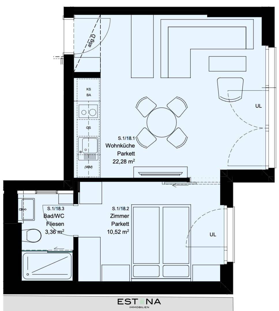 Detaillierter Grundriss der Wohnung mit Wohnküche, Schlafzimmer und Badezimmer.
