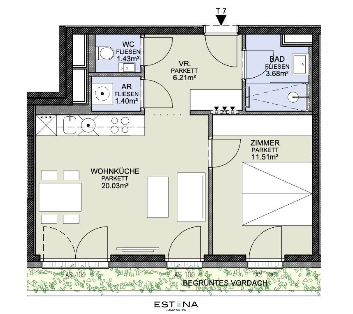 Grundriss einer Wohnung mit Wohnküche, Schlafzimmer, Bad und separatem WC.