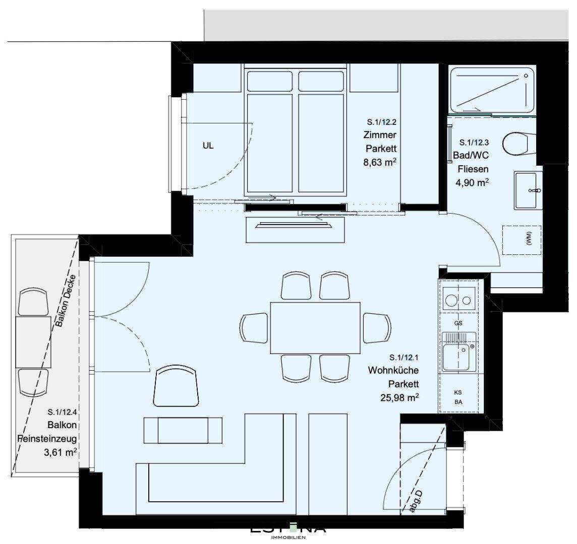 Detaillierter Grundriss der Wohnung mit Wohnküche, Schlafzimmer und Balkon.