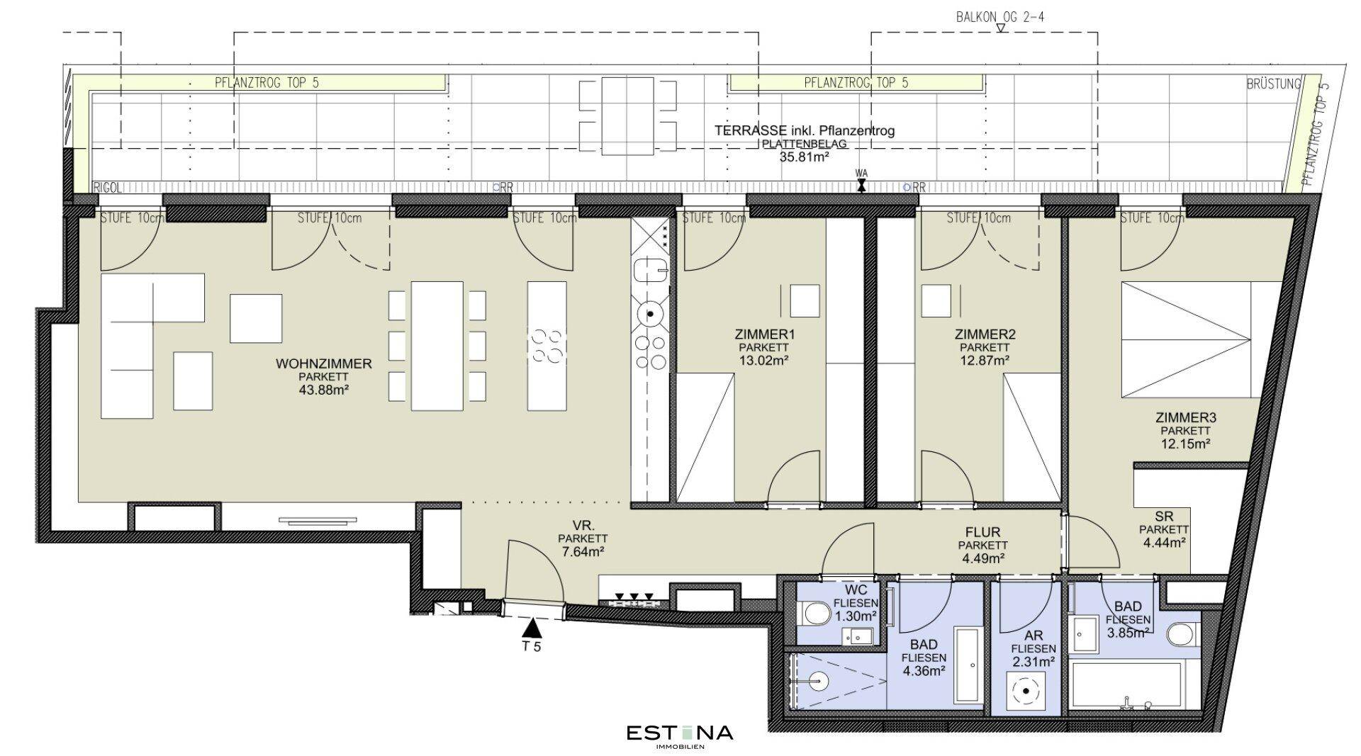 Detaillierter Grundriss einer Wohnung mit drei Zimmern, zwei Bädern und großer Terrasse.