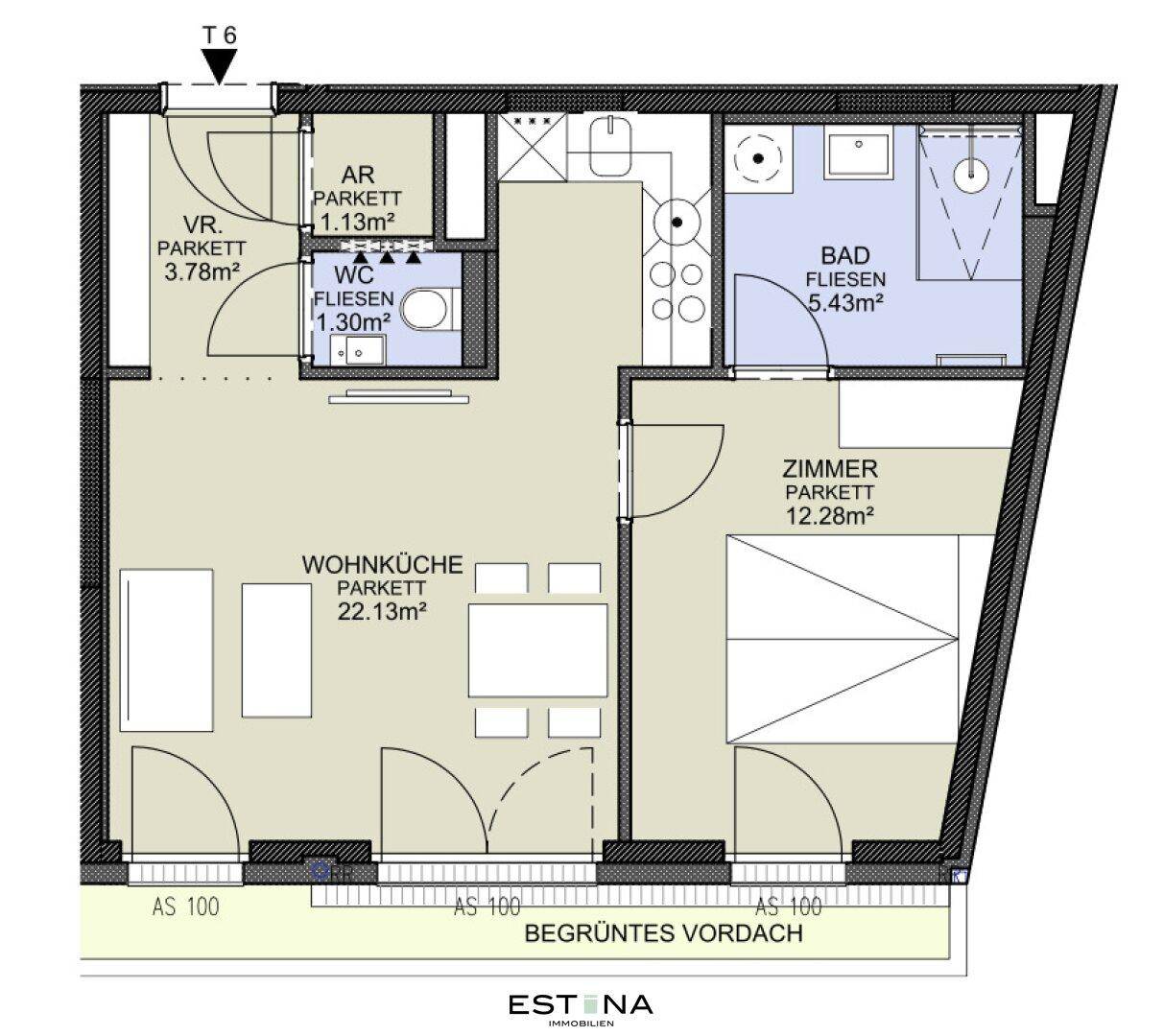 Grundriss einer Wohnung mit Wohnküche, Schlafzimmer, Bad und separatem WC.