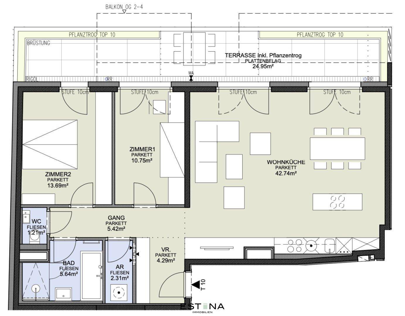 Detaillierter Grundriss einer Wohnung mit Wohnküche, zwei Schlafzimmern und Bad.