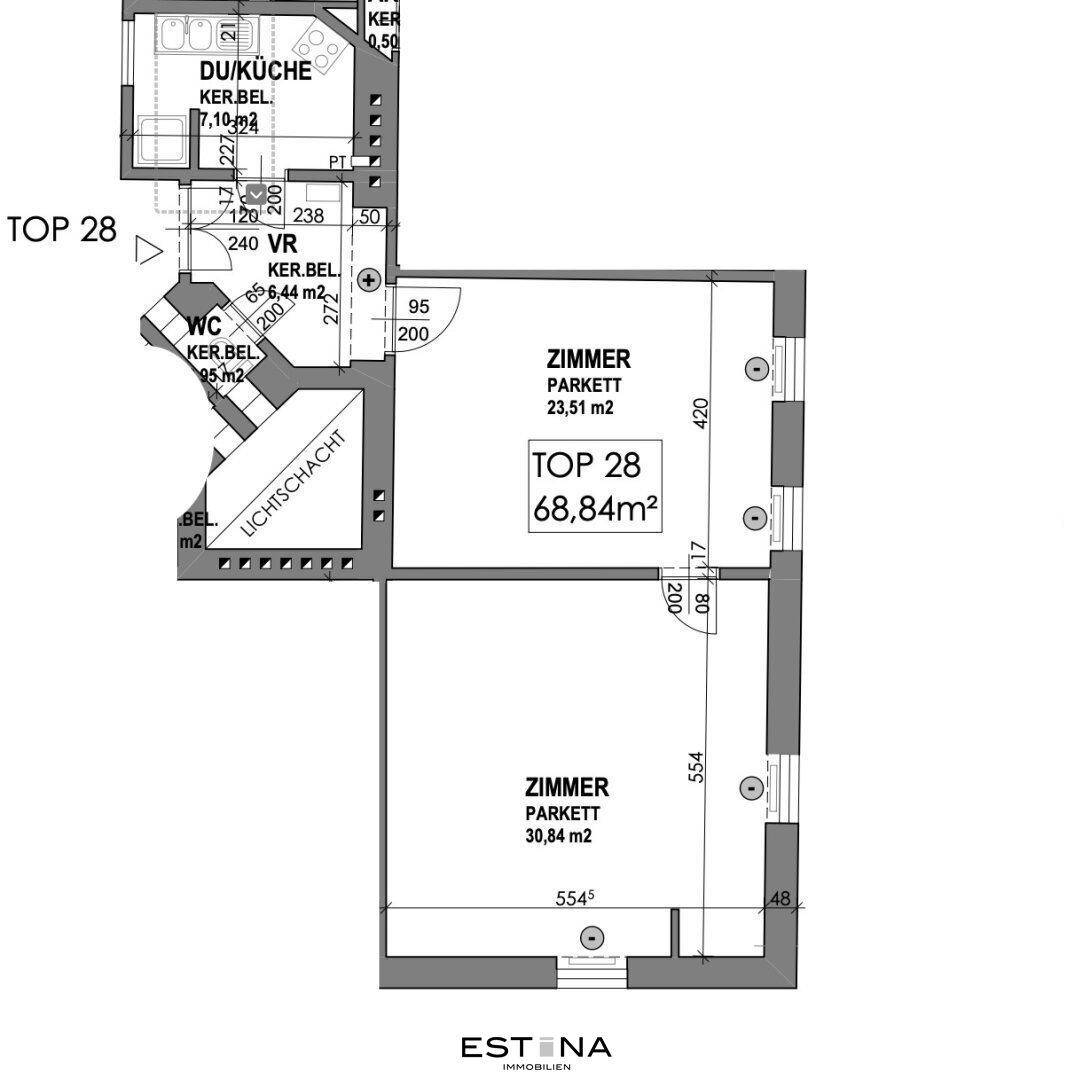 Grundriss der Wohnung TOP 28 mit zwei Zimmern, Küche und WC, insgesamt 68,84 m².
