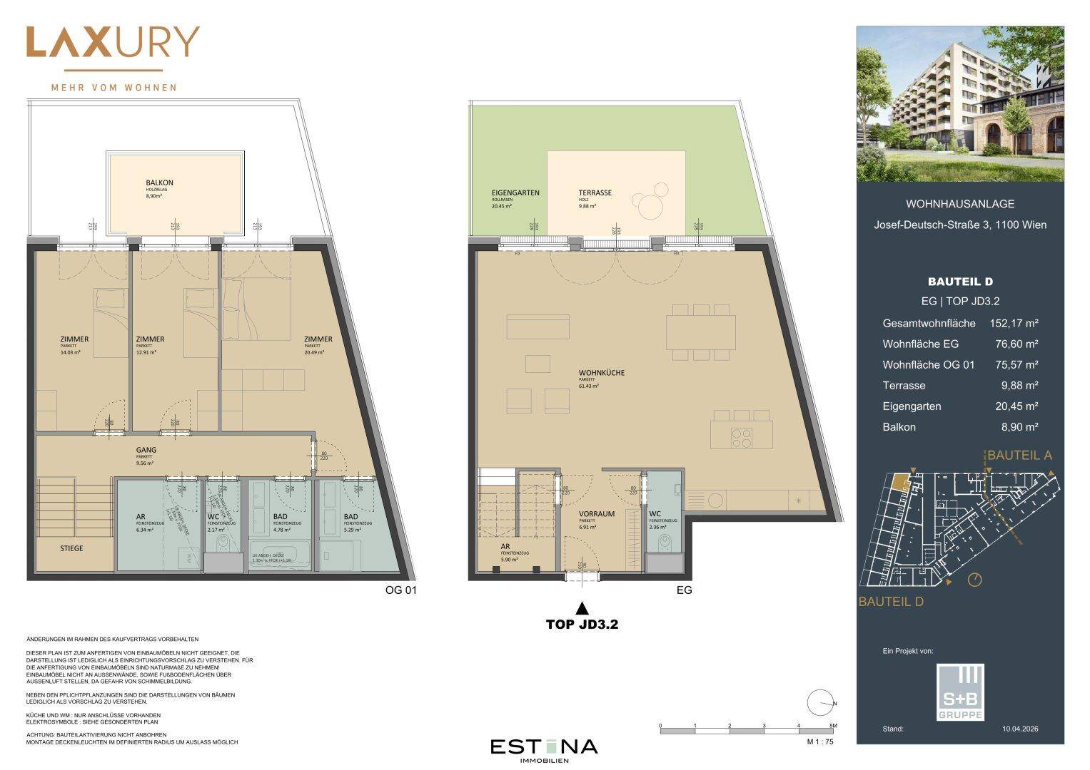 Grundrissplan einer Maisonette-Wohnung mit Garten, Terrasse und Balkon auf zwei Ebenen.