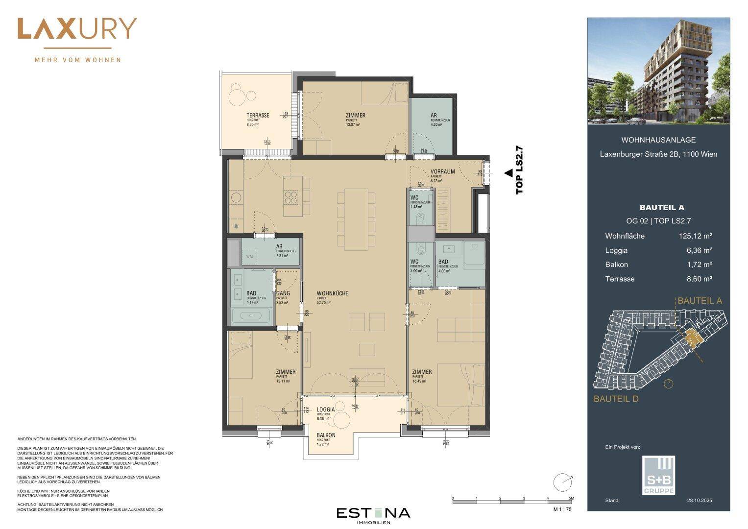 Detaillierter Grundriss einer Wohnung mit Terrasse, Loggia und Balkon.