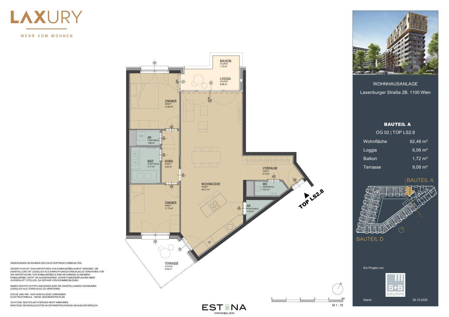 Detaillierter Grundriss einer Wohnung mit Balkon, Loggia und Terrasse.