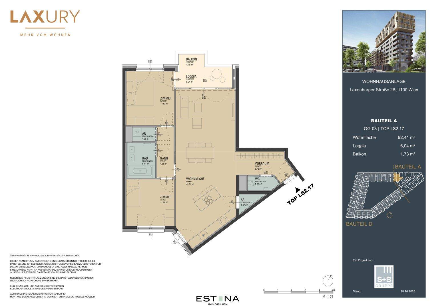 Detaillierter Grundriss einer Wohnung mit Loggia, Balkon und zwei Schlafzimmern.
