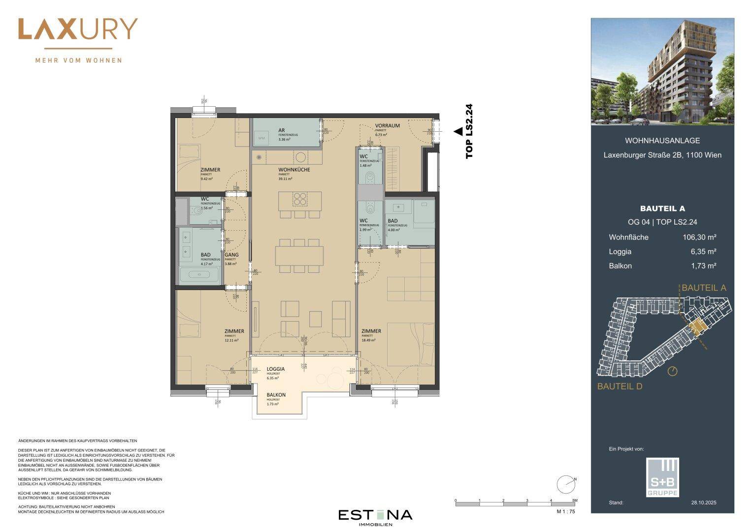 Detaillierter Grundriss einer Wohnung mit Wohnküche, Loggia und Balkon, Gesamtfläche 106,30 m².