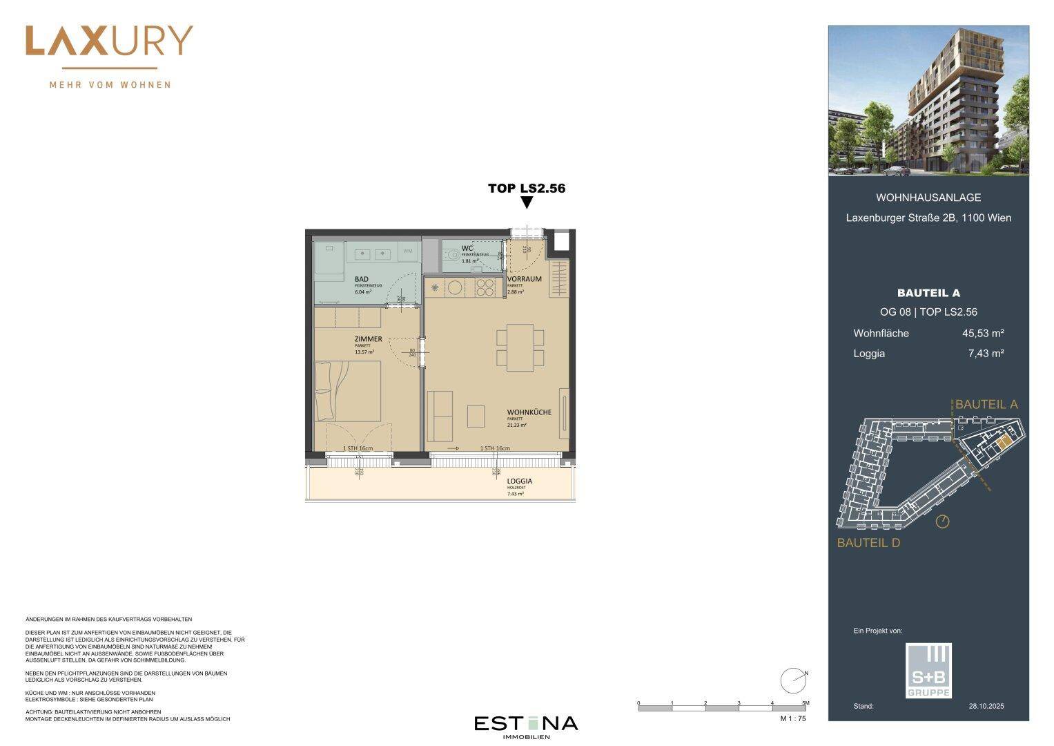 Grundriss für TOP LS2.56 mit Wohnküche, Schlafzimmer, Bad, WC und Loggia auf 45,53 m².