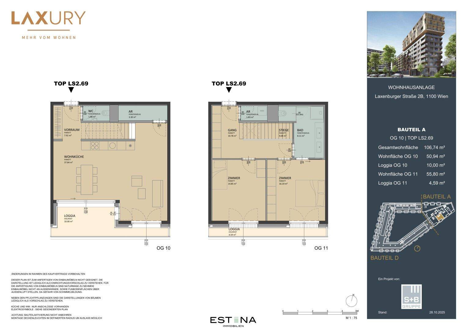 Grundriss einer Maisonette-Wohnung über zwei Etagen mit offener Wohnküche, Schlafzimmern, Bädern und Loggien.