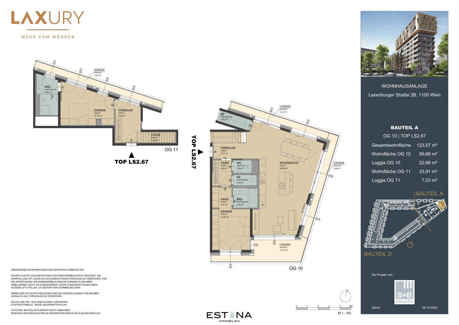 Detaillierter Grundriss einer Maisonette-Wohnung mit zwei Ebenen und Loggien.