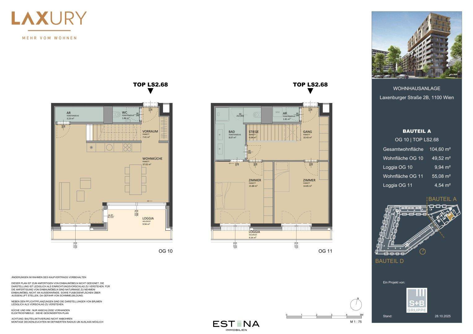 Grundrissplan einer Maisonette-Wohnung über zwei Etagen mit Wohnküche und Loggia.