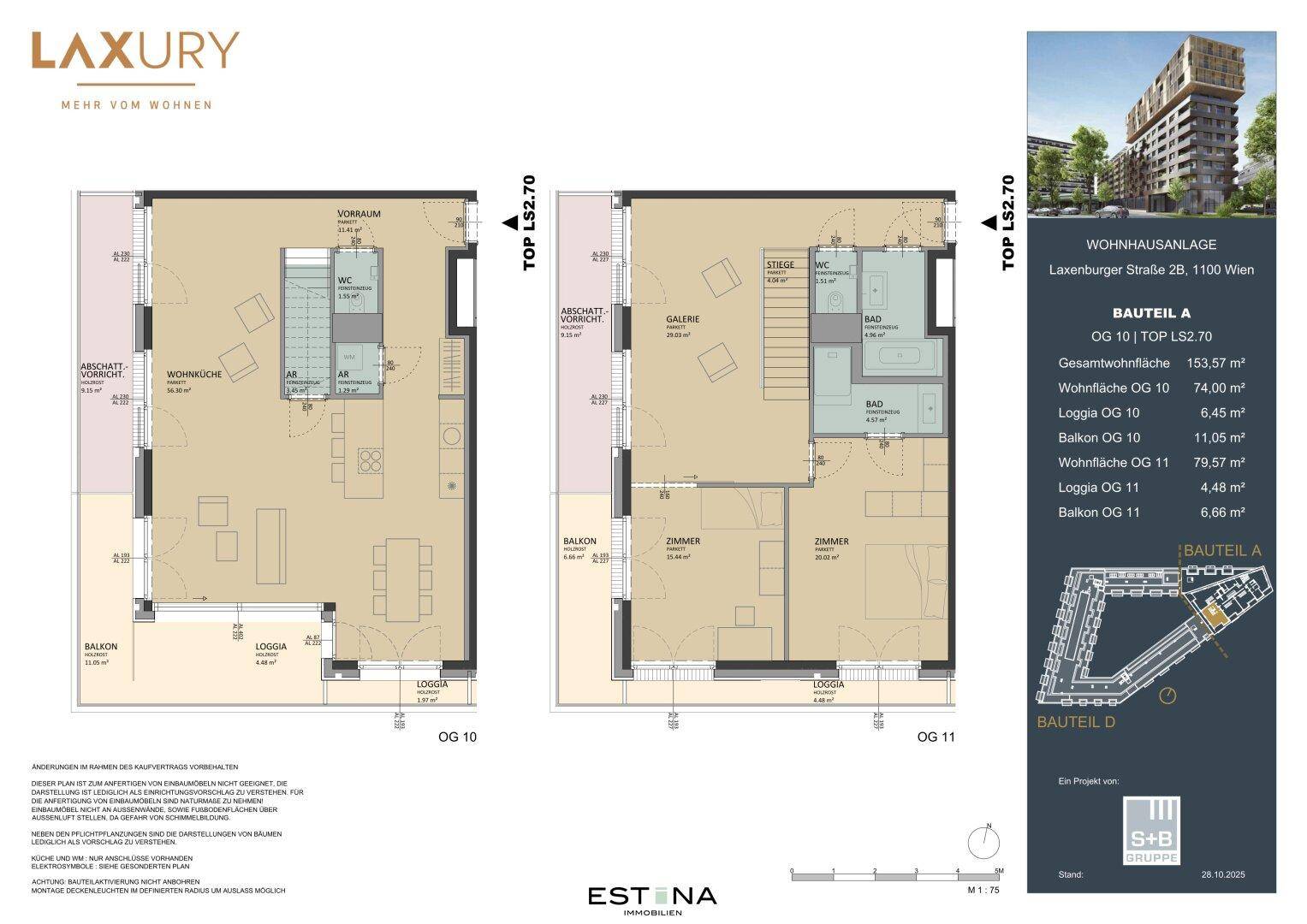 Detaillierter Grundriss einer Maisonette-Wohnung über zwei Etagen mit Balkonen und Loggien.