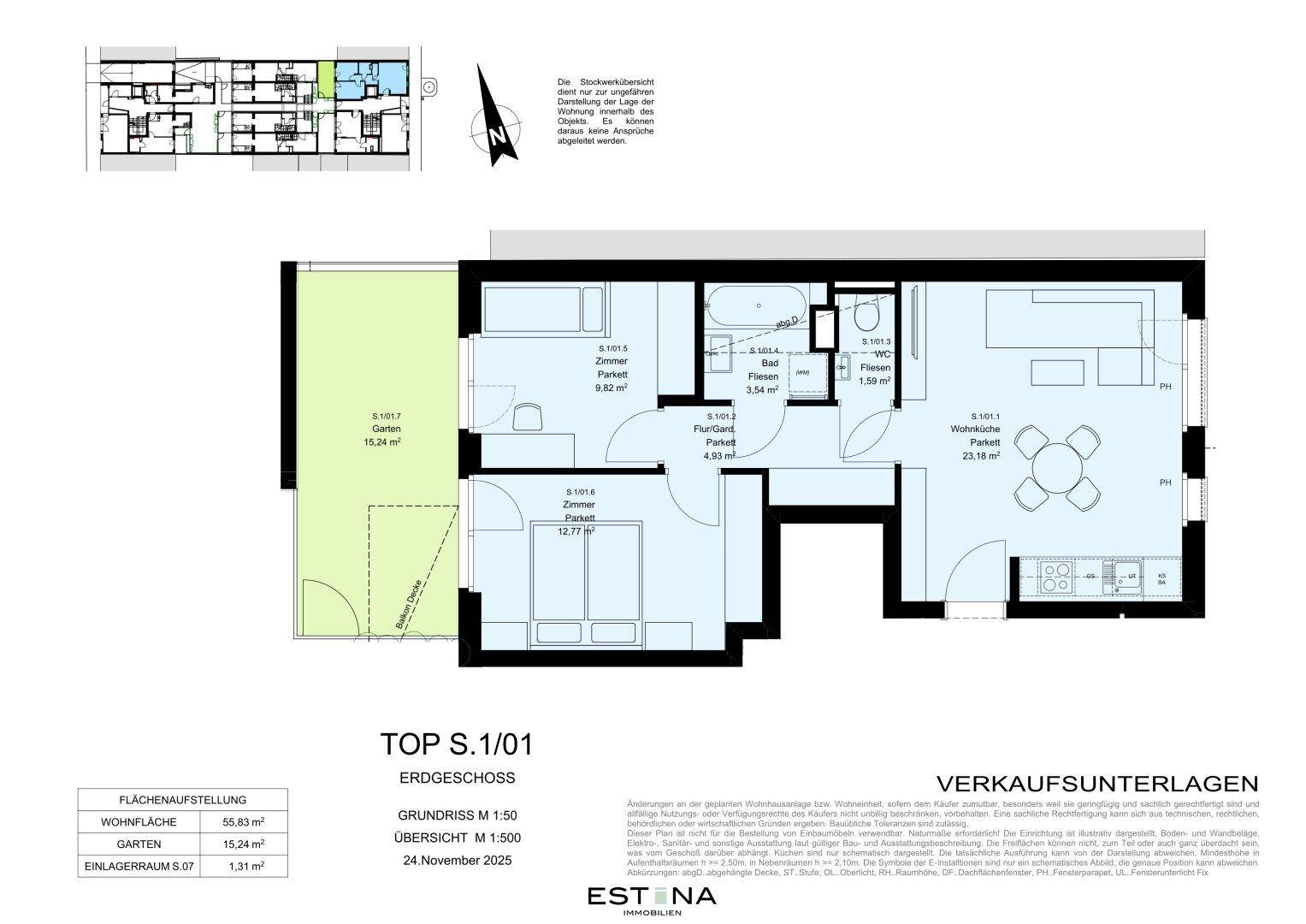 Detaillierter Grundriss einer Erdgeschosswohnung mit zwei Schlafzimmern, Bad und Garten.