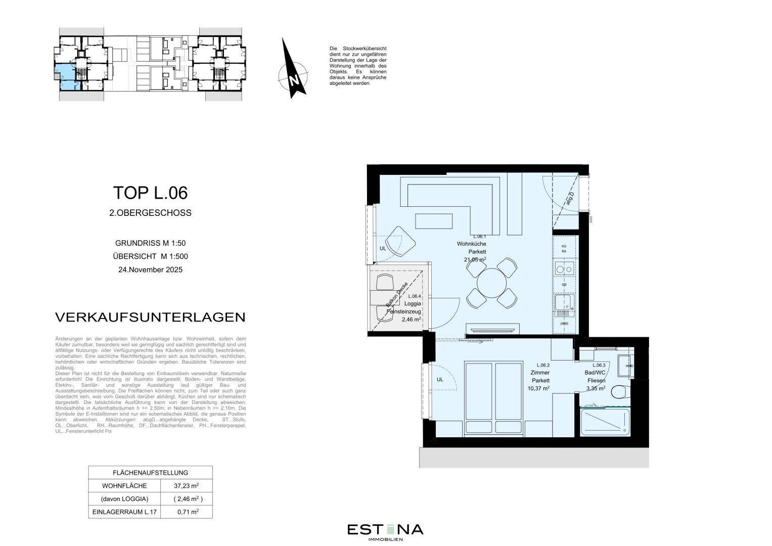 Grundriss der Wohnung L.06 im 2. Obergeschoss mit Wohnküche und Loggia.