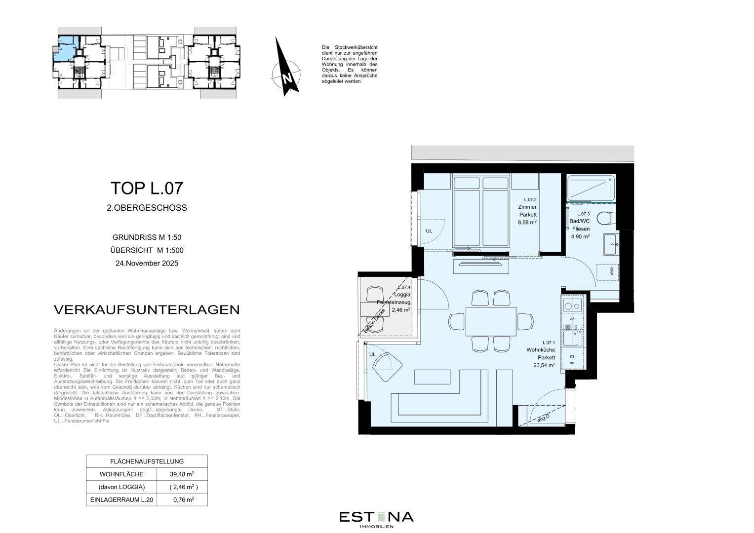 Grundriss der Wohnung L.07 im 2. Obergeschoss mit Loggia und offenem Wohnbereich.