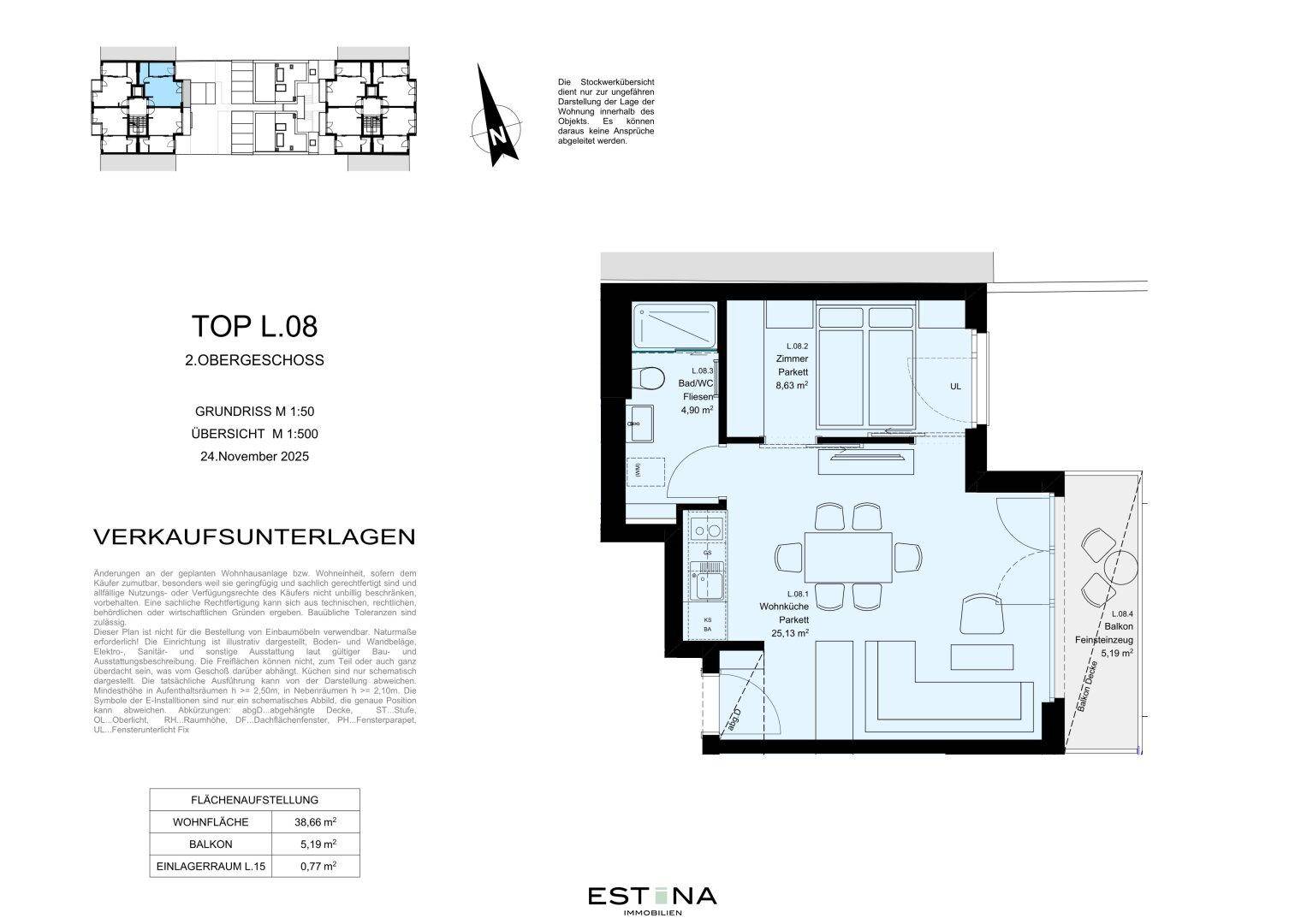 Grundriss einer modernen Wohnung mit offenem Wohnbereich, Schlafzimmer, Bad und Balkon.