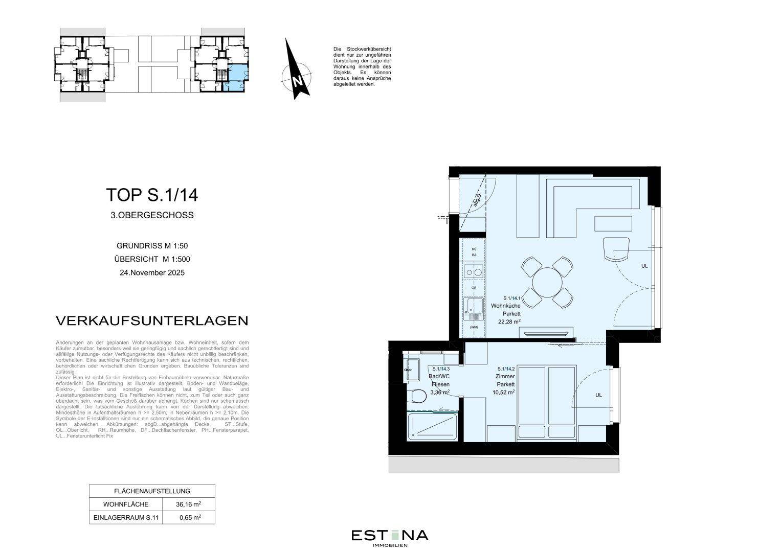 Grundriss der Wohnung TOP S.1/14 im dritten Obergeschoss mit Wohnküche und Schlafzimmer.