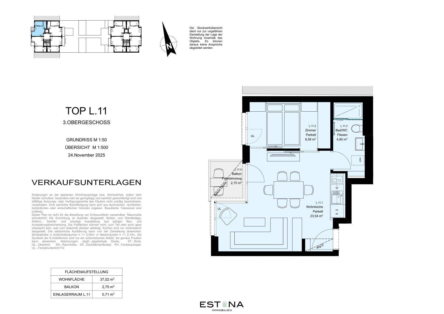 Grundriss der Wohnung TOP L.11 im 3. Obergeschoss mit offenem Wohnbereich, einem Schlafzimmer und Balkon.