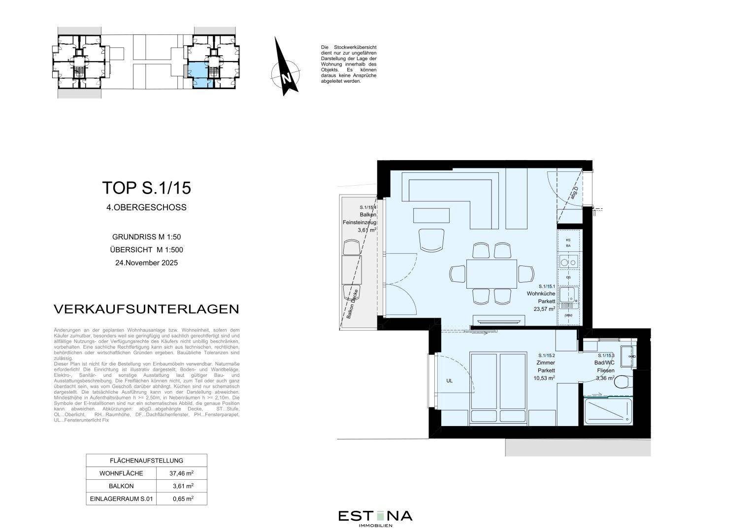 Grundriss der Wohnung TOP S.1/15 im 4. Obergeschoss mit offener Wohnküche, einem Zimmer, Bad und Balkon.