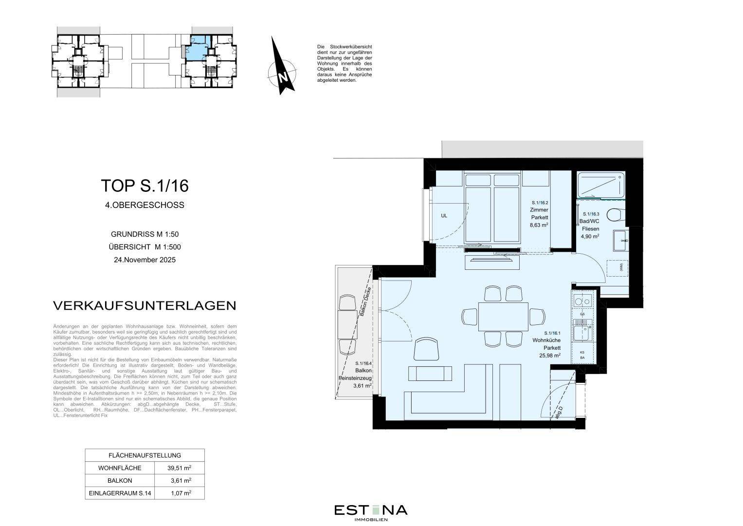 Detaillierter Grundriss einer modernen Wohnung im 4. Obergeschoss mit offenem Wohnbereich, Schlafzimmer und Balkon.