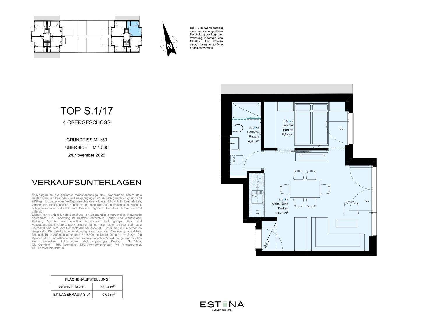 Grundriss der Wohnung TOP S.1/17 mit Wohnküche, Schlafzimmer und Bad.