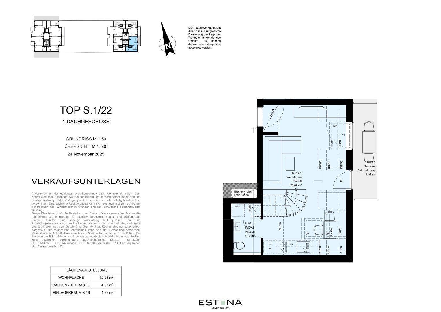 Grundriss des ersten Dachgeschosses mit offenem Wohnbereich, Küche, Bad, separatem WC und Terrasse.