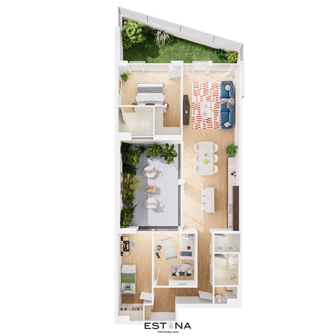 Stilisierter Grundriss einer Wohnung mit offenem Wohnbereich, zwei Bädern und Zugang zu Terrasse und Garten.