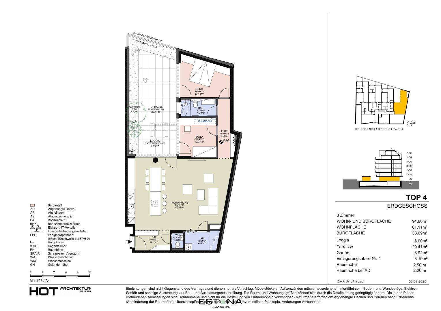 Detaillierter Grundriss der Erdgeschosswohnung Top 4 mit Wohn- und Bürobereichen sowie Terrasse und Garten.