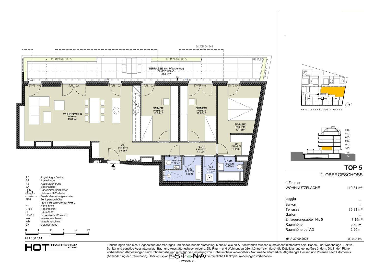 Grundriss der Wohnung TOP 5 im Obergeschoss mit 4 Zimmern, Terrasse und Loggia.