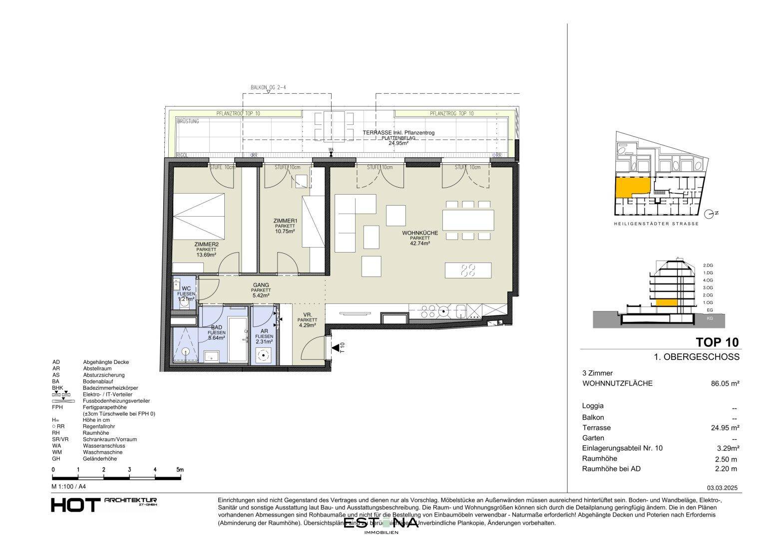 Grundriss einer 3-Zimmer-Wohnung im Obergeschoss mit Balkon und Terrasse.