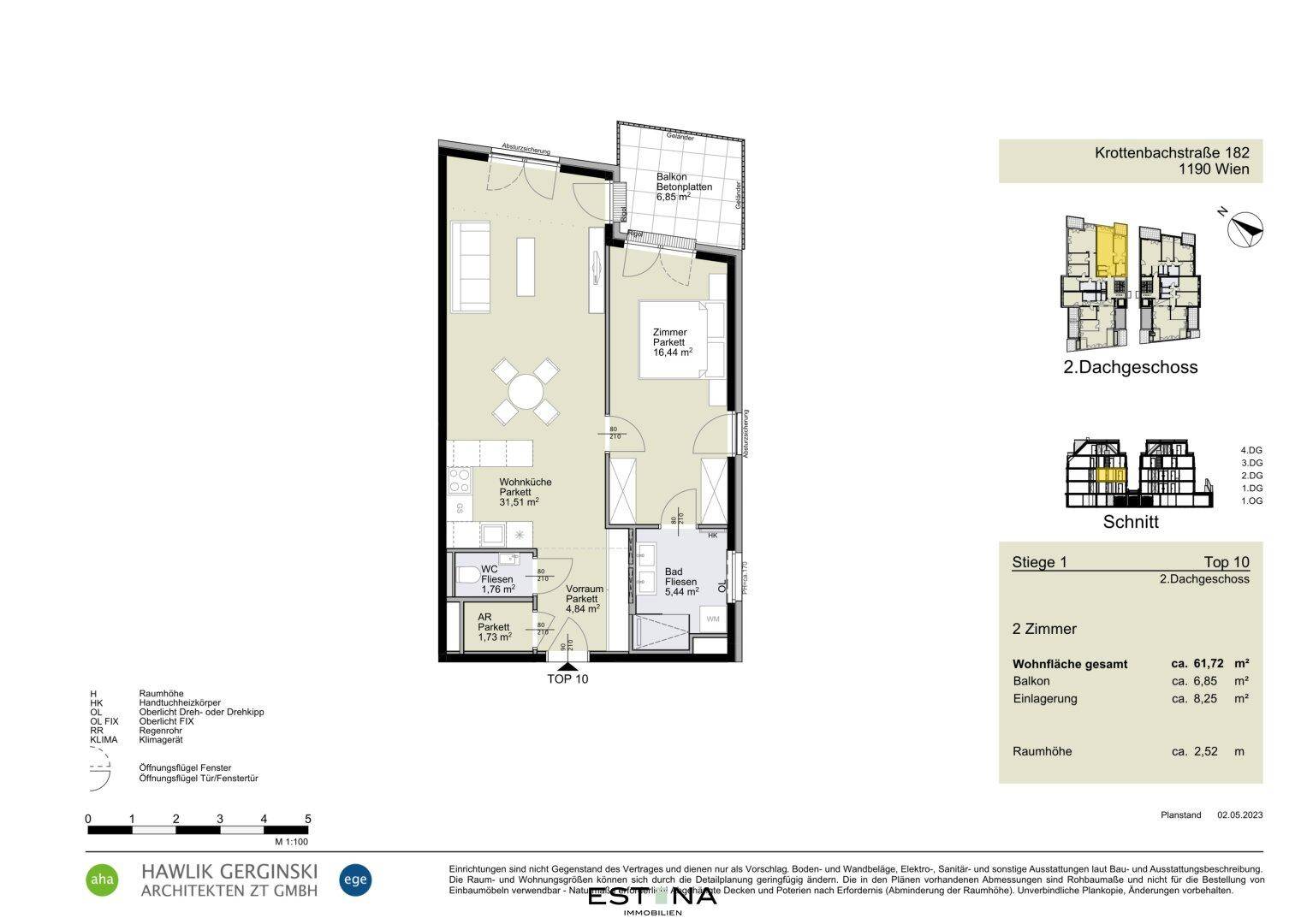 Detaillierter Grundriss einer Wohnung im 2. Dachgeschoss mit Balkon und zwei Zimmern.