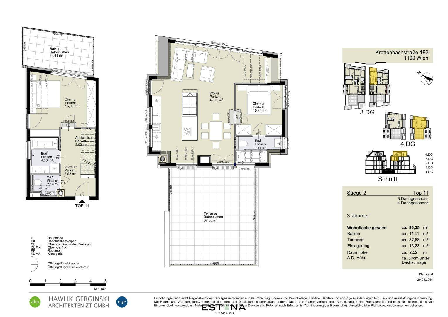 Detaillierter Grundriss der Dachgeschosswohnung mit Terrasse und Balkon.