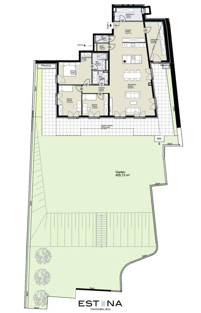 Detaillierter Grundriss des Erdgeschosses mit Wohnbereichen, Schlafzimmern und Garten.